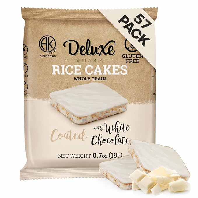 Deluxe & Bla Bla Chocolate Covered Rice Cakes 57 Pack – Whole Grain, Gluten-Free, Kosher, Low-Calorie Snack – Coated with White Chocolate – Healthy & Crunchy Treat – Individually Wrapped, (19g Each)