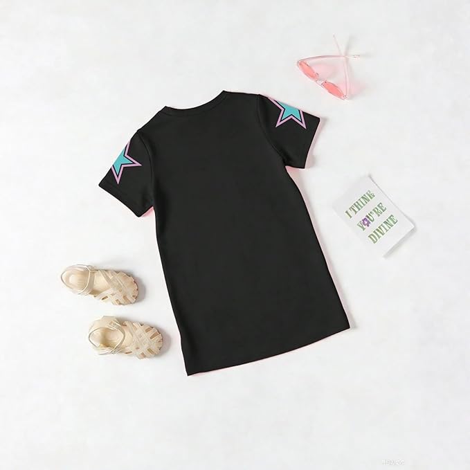 Girl's Anime K-POP Graphic Long Dress T-Shirt - Casual Loose Fit Short Sleeve Top