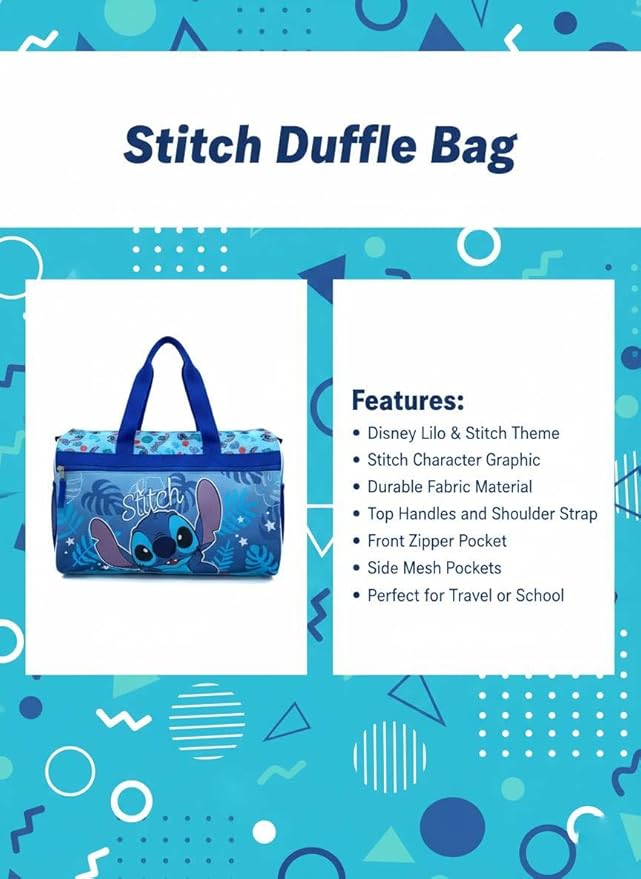 Disney Stitch Kids’ Duffle Bag – Lilo & Stitch Travel Gym Bag with Adjustable Strap, Mesh Side Pockets & Zipper Pocket