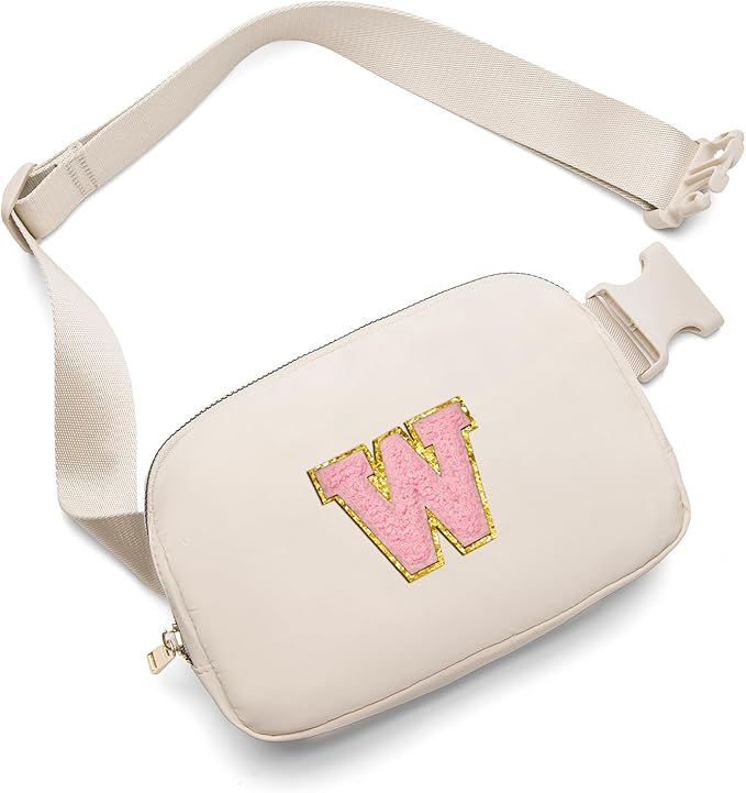 Gitus Belt Bag Fanny Pack Crossbody Bags with Initial Letter Patch Cute Stuff Birthday Gifts for Teenager Girls Trendy Preppy Stuff for Teen Girls(Beige-W)