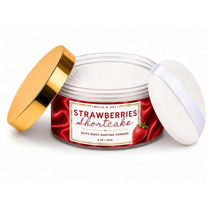 Body Powder for Women & Men Scented Strawberries & Shortcake, Bath Perfume Dusting Powder with Fragrance & Essential Oils, Talc Free Large 8oz Container with Puff, Made in USA