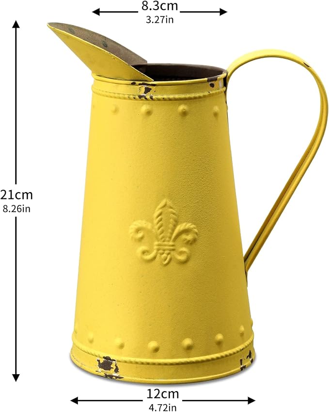 French Style Shabby Chic Vase Metal Flower Vase Vintage Jug Rustic Farmhouse Decor for Home, Yellow