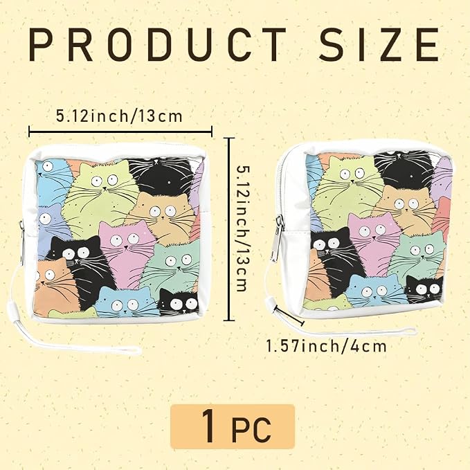Cat Period Bag 5.12 x 5.12 x 1.57 Inch Sanitary Napkin Storage Bag with Zipper Cute Cat Portable Reusable Waterproof Polyester Menstrual Pad Pouch First Period Gifts for Women Daily Use