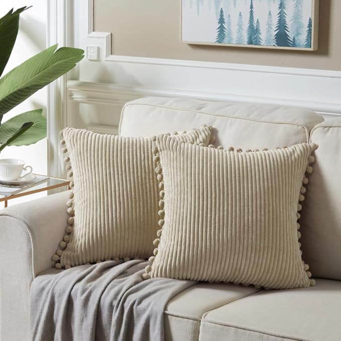 Fancy Homi Set of 2 Tan Decorative Throw Pillow Covers 12x12 Inch with Pom-poms for Couch Bed Sofa, Modern Farmhouse Boho Home Decor, Soft Plush Corduroy Cute Cushion Case 30x30 cm