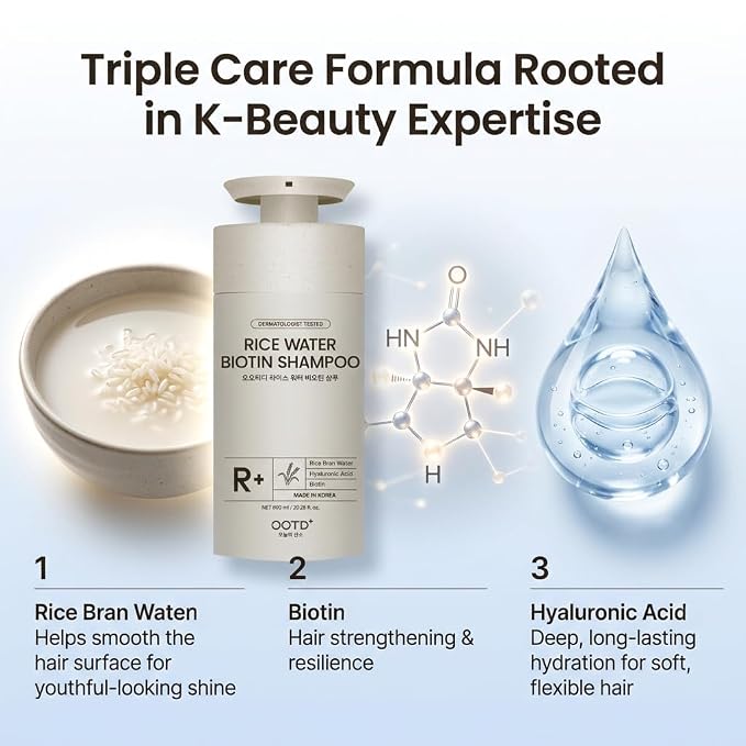 #OOTD Rice Water Biotin Hair Shampoo, 20.29 fl oz | Korean Haircare | Rice water biotin shampoo with Hyaluronic Acid; thickens strands & delivers salon-quality volume & glass hair shine