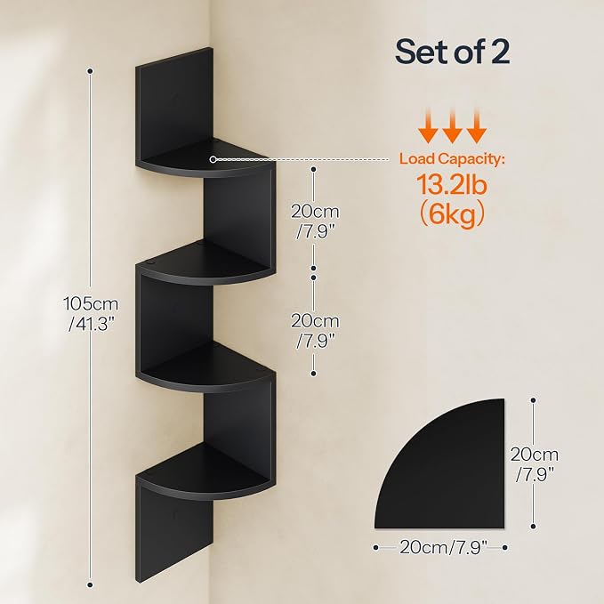 HOOBRO Corner Shelf Wall-Mounted, Set of 2 Floating Corner Shelves for Wall, 4-Tier Corner Bookshelves for Living Room, Bedroom, Bathroom, Home Office, Black BK25BJP201