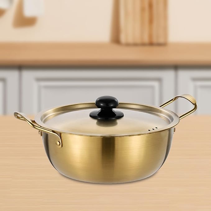 Korean Ramen Pot Stainless Steel Noodle Cooking Pot with Lid Induction Cooker Lightweight Golden Soup Pot Double Handle Suitable for Camping Hiking Pi, 20cm