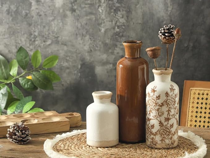 Vintage Vase Set of 3, Ceramic Vintage Flower Vases, Chinoiserie Decorative Home Decor Retro Floral Vase Rustic Farmhouse Decor for Table Bookshelf Mantel Kitchen Living Room Office - Brown