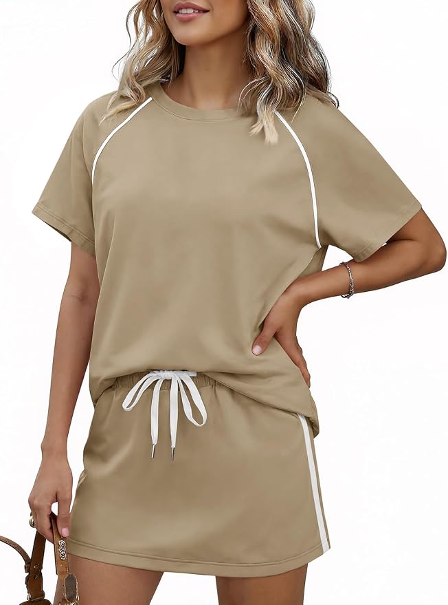 Womens 2 Piece Skirt Sets Summer Tennis Outfits Vacation Skort Set | Two Piece Sets, Short Set, Athletic Workout Golf Outfits, Crew Neck, Color Block, Drawstring, Workout Mathcing Lounge Sets