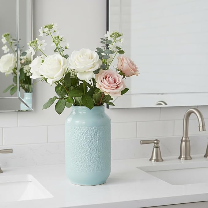 Blue Ceramic Vase for Home Decor - 9 Inch Textured Flower Vase for Table Centerpiece - Modern Decorative Pottery Vases for Flowers, Living Room, Shelf, Mantle Decor