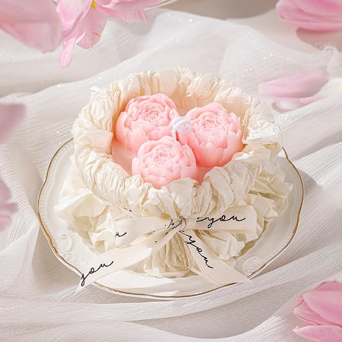 Handmade Floral Bouquet Candle, Scented Peony & Rose Shape, Gift for Women, Home Décor, Aromatherapy, Small (2.8"x2.4", 3 Flowers) & Large (3.6"x3", 5 Flowers) – Pink & Rose Red (Pink, Small)