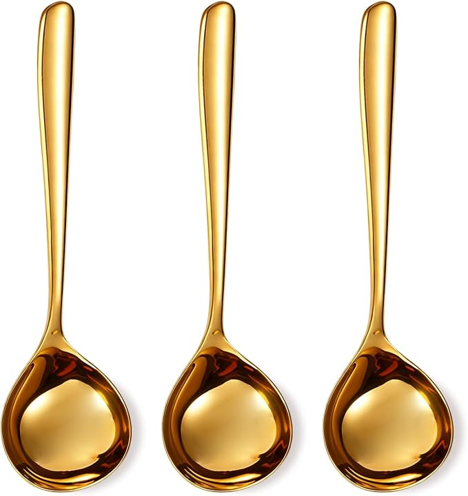 3PCS Gold Soup Spoons, 8.07 Inch Large Stainless Steel Spoons, 304 Stainless Steel Mirror Polished Dessert Spoons, Heavy Duty Metal Table Spoons for Soup, Cereal, Ice Cream, Dining & Kitchen Use