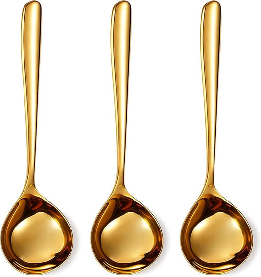3PCS Gold Soup Spoons, 8.07 Inch Large Stainless Steel Spoons, 304 Stainless Steel Mirror Polished Dessert Spoons, Heavy Duty Metal Table Spoons for Soup, Cereal, Ice Cream, Dining & Kitchen Use
