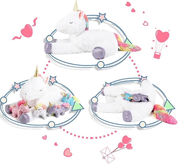 Tezituor 24 Inches Unicorn Plush Toy Set for Girls,4 Colorful Unicorns in Mommy Unicorn’s Belly,Unique Stuffed Unicorns Gifts for Children.