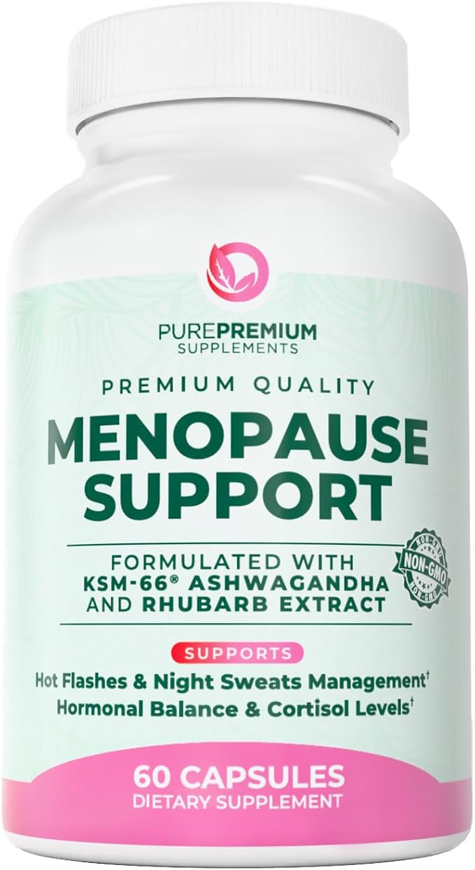 PurePremium Menopause Supplements for Women with KSM-66® Ashwagandha, Rhubarb Extract & Black Cohosh - Hot Flashes, Night Sweats, Perimenopause Support - Hormone Balance & Cortisol Support - 60 Count