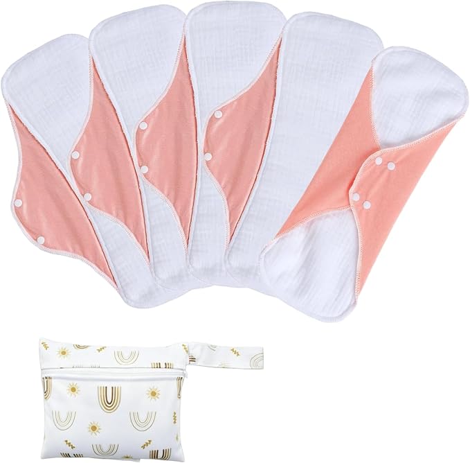 Washable Menstrual Pads,Reusable Incontinence Pads,Cloth Pads Sanitary Napkins,with 1 Storage Bag,Panty Liners/Cotton Pads Period for Women/Incontinence Patients(Coral Pink/XXL/5pcs)
