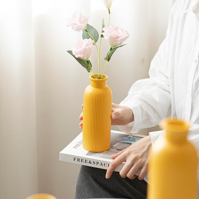 Modern Ceramic Vase Set, Yellow Ribbed Matte Design, 3-Piece Decorative Vases for Home, Living Room, Office (Yellow)