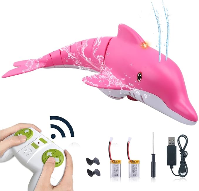 Pink Remote Control Dolphin Toy 2.4G High Simulation Cartoon Dolphin Remote Control for Swimming Pool Bathroom Great Gift RC Boat Shark Toys for 6+ Year Old Boys and Girls (with 2 Batteries)