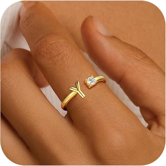Valentines Day Gifts for Kids Teen Girls, 14K Gold Plated Adjustable Initial Rings for Women Teen Girl Trendy Stuff Birthday Valentines Day Gifts for Women Wife Mom Jewelry