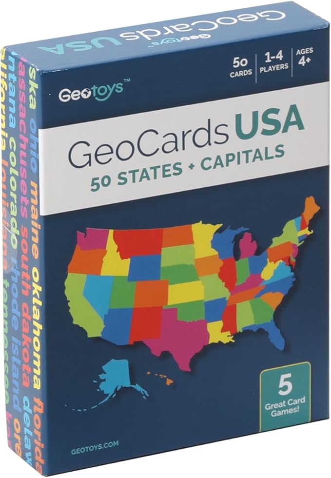GeoToys GeoCards - USA Geography Flash Cards, Kid Card Games for Home, School & Travel, States & Capitals, Ages 4+