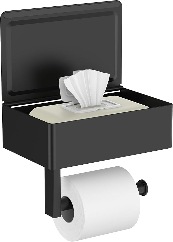 FORIOUS Toilet Paper Holder with Shelf, Sanitary Napkin Receptacle Tampon Holder, Wall Mount Toilet Paper Holder with Storage, Flushable Wipes Dispenser Fits for Bathroom Commercial(1, Matte Black)