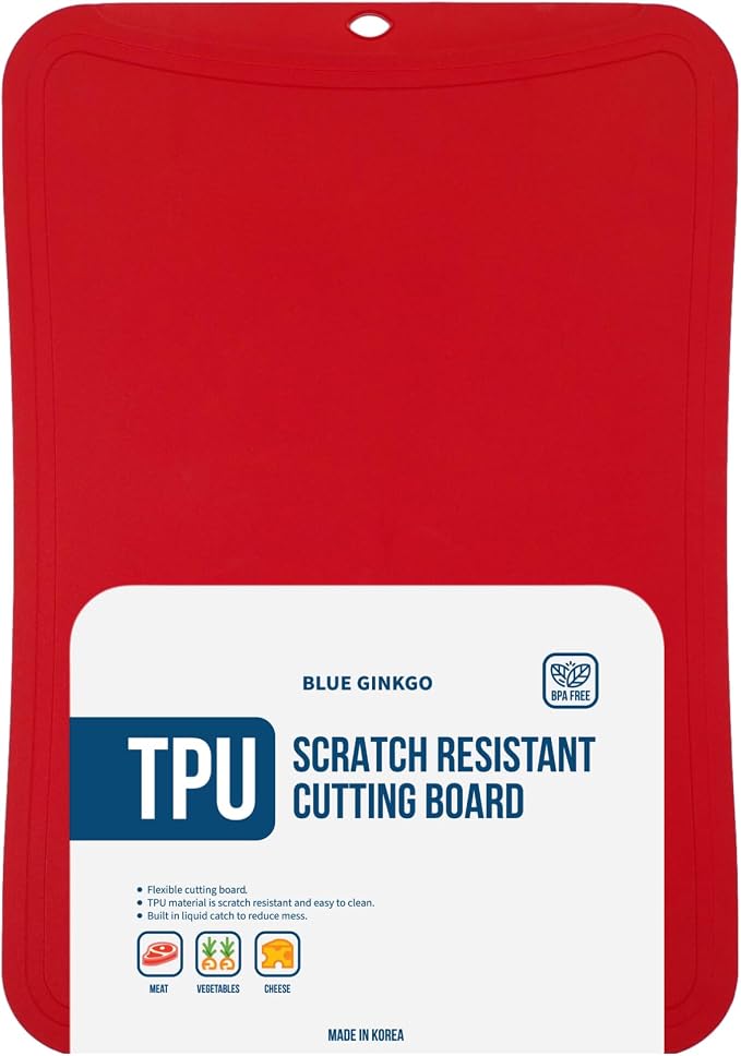 Blue Ginkgo TPU Cutting Board, Medium, Made in Korea, Red | Gentle on Knife Edges. Flexible and Durable.