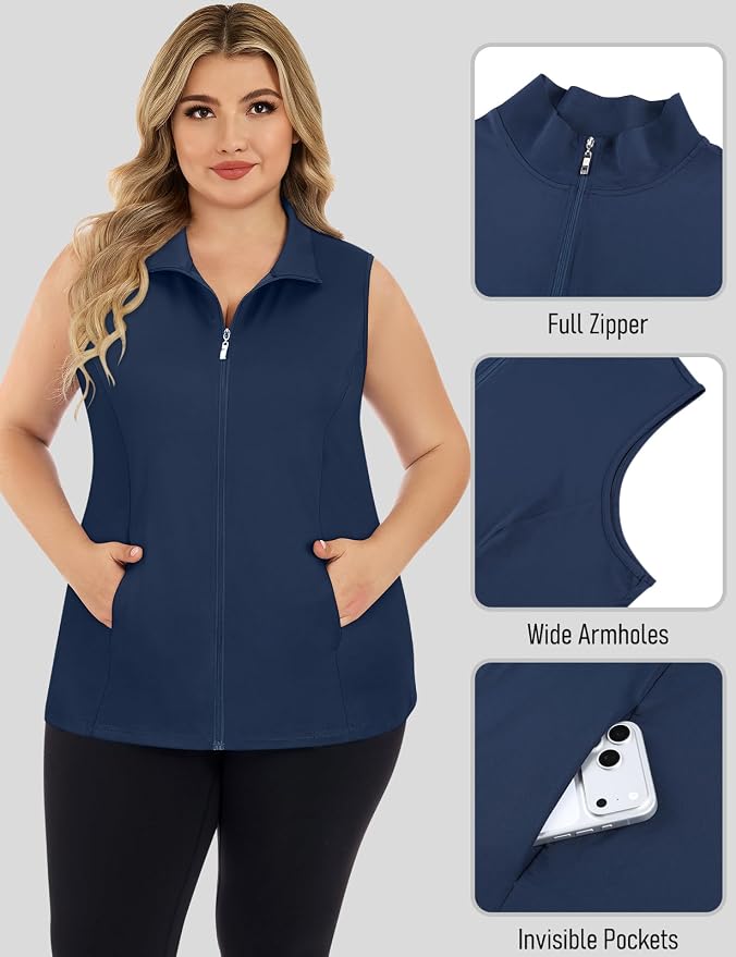Misyula Style Plus Size Womens Golf Shirt Full-Zip with Pockets Tank Tops | Sleeveless, Quick Dry, Moisture-wicking, Lightweight Vests, Athletic, Tennis, Running, Workout, Casual, Travel, Work