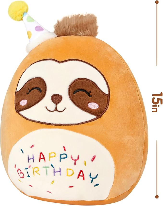 15" Birthday Sloth Plush Stuffed Animals Original Cute Sloth Plushie Large Cuddle Pillow Happy Birthday Gift for Kids Boys Girls