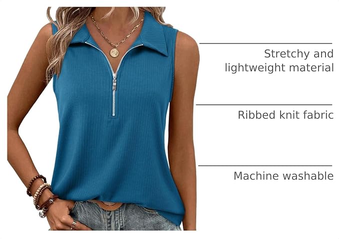 Vivilli Womens Ribbed Tank Top Zipper V Neck Dressy Casual Blouses Sleeveless Camisole Tops Work Tank Polo Shirts