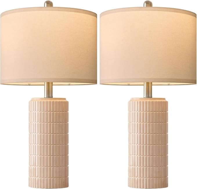 PoKat 23" Pink Ceramic Table Lamps Set of 2, Modern Bedroom Lamps for Girls Room, Bedside Lamps for Night Stands, Cute Lamps for Living Room Decor, Nightstands Desk Lamp, Pink