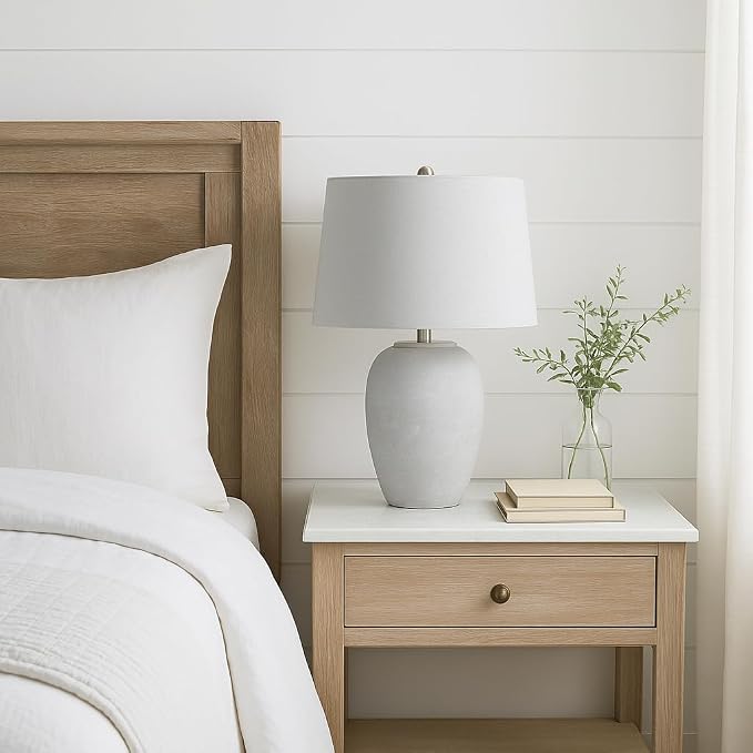 Nourison Home 23" Vintage Gray Ceramic Table Lamp with Light Gray Linen Shade, Traditional Bedside Accent Lamp, Nightstand Lamp for Bedroom, Living Room