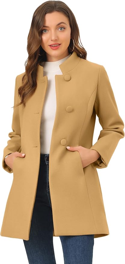 Allegra K Women's Winter Overcoat Mid-Long Stand Collar Single Breasted Coat Outerwear