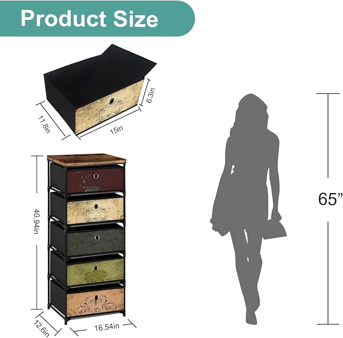 VASICAR Nightstand with 5 Drawers, Clothes Storage Organizer, Small Fabric Dresser for Bedroom, Closet, Entryway, Hallway, Nursery, Dorm