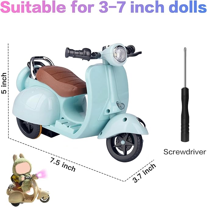 Scooter for Dolls Accessories, Cute Light-Up and Musical Seat with 360° Rotation, Cute Motorcycle for Dolls– Perfect for Doll Collectors, Batteries Not Included (Blue)