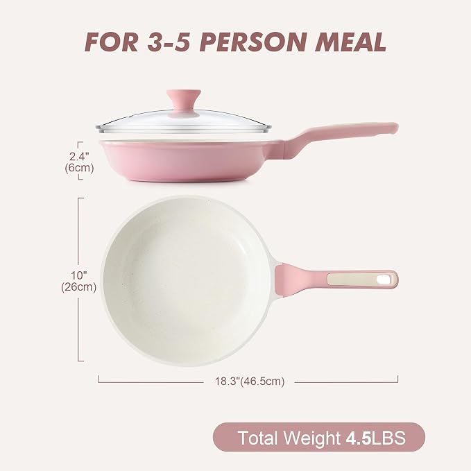SENSARTE 10In Nonstick Ceramic Frying Pan with Lid, PFAS/PTFE Free, Pink | Ceramic Omelette Pan Skillet, Healthy Non-toxic Chef's Pan, Induction Compatible Pan, Heat Resistant Handle