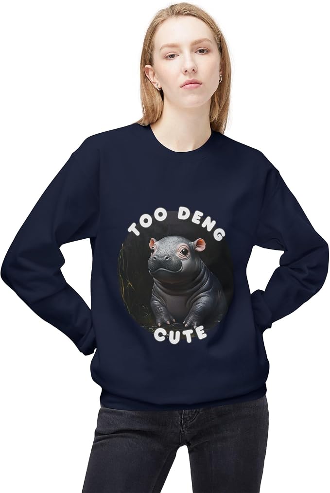Unisex Fleece Crewneck Sweatshirt - Too Deng Cute Moo Deng Hippo, Cozy Cotton Blend, Classic Relaxed Fit