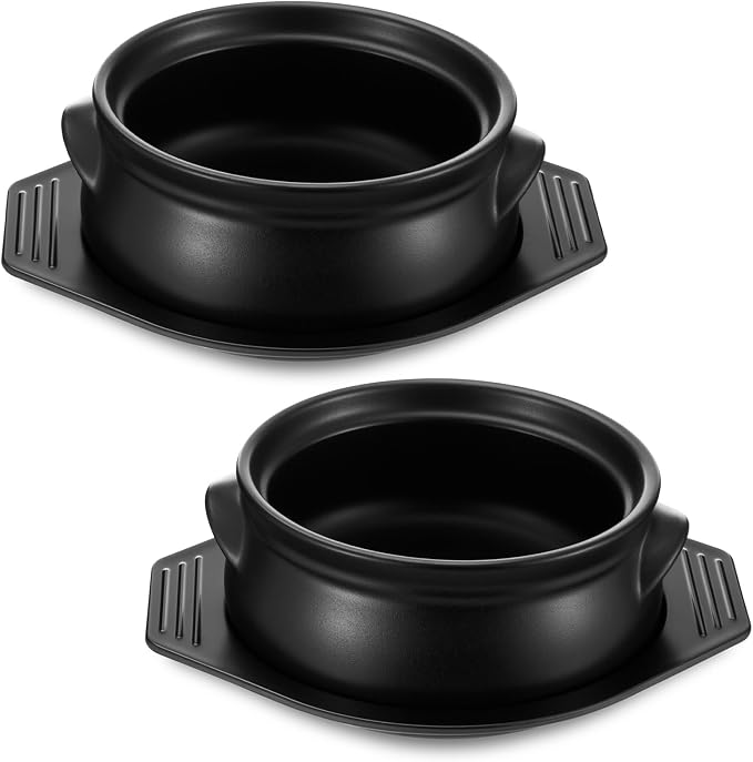 2 Pcs Korean Stone Pot Clay Cooking Pots with Tray Set 38 oz Ceramic Sizzling Hot Pot Bowl Korean Bibimbap Soup Dolsot Bowl for Ttukbaegi and Koreans Stew Rice Noodle (Without Lid)