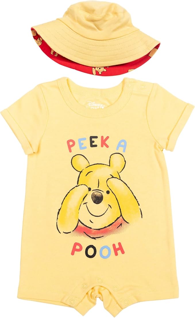 Disney Baby Romper and Reversible Bucket Sun Hat Outfit Set Newborn to Infant Sizes (Newborn - 24 Months)