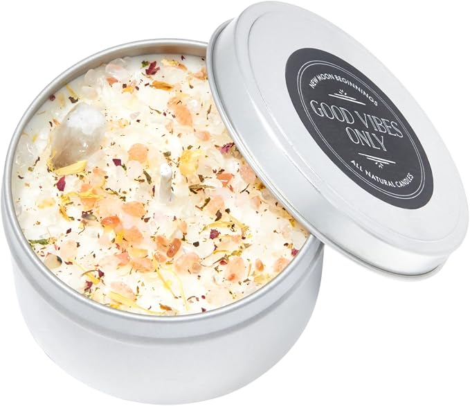 Good Vibes Only Candle by New Moon Beginnings - Negative Energy Cleansing - Soy Aromatherapy Candle - Handmade with Crystals & Herbs (8oz Round Tin)