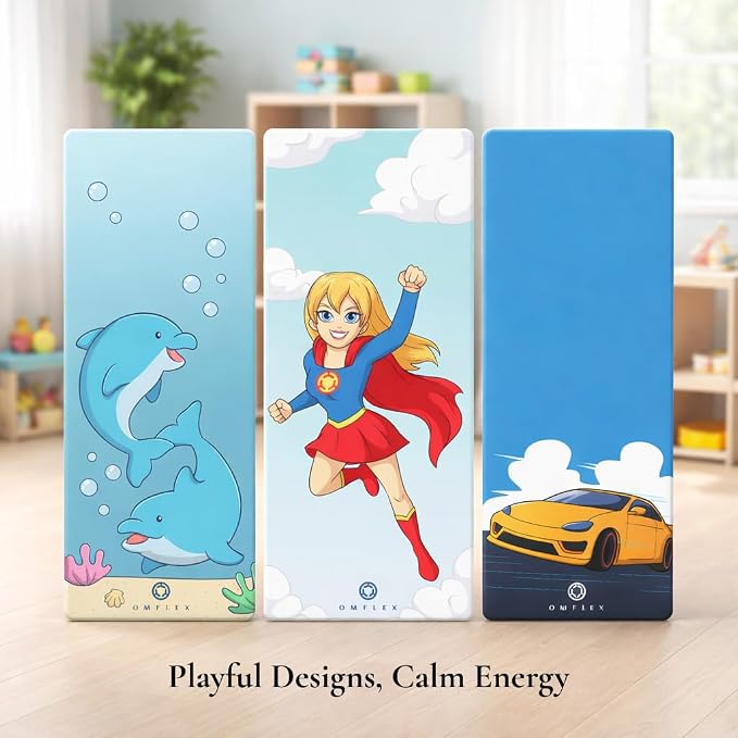 Kids Yoga Mat with Carrying Strap – 60"x24" Non-Slip Premium Exercise Mat for Kids, 3mm Thick Non-Toxic, PVC-Free Play Mat for Children, Dolphin, Car & Supergirl Designs
