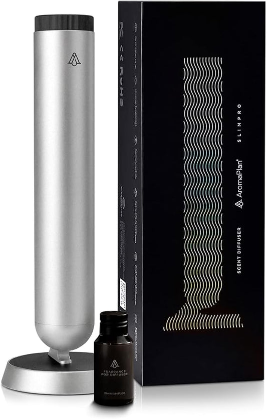 AromaPlan 5-Star Collection Rechargeable Waterless Diffuser (Fragrance Included)- Smart Cold Air Diffuser, Adjust Intensity & Timer, Long Battery Life- Aluminum Body, Luxury Scent Experience, Silver