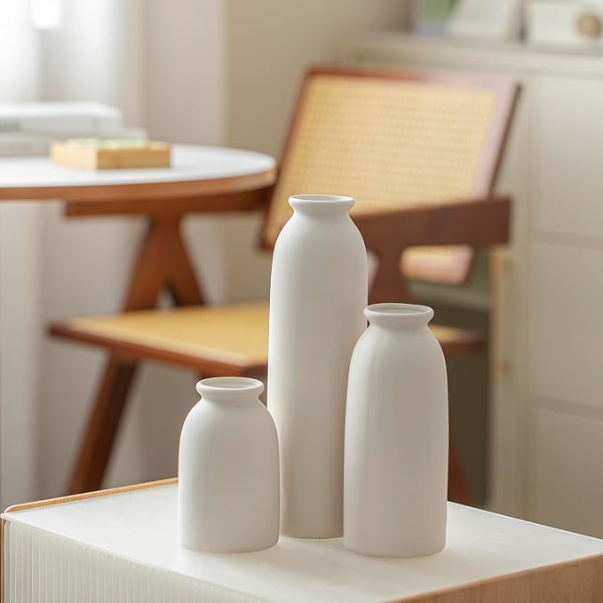 Ceramic Vase Set-3, Small Flower Vases for Decor, Modern Boho Farmhouse Style, 10.3 Inch Tall, Bisque White Color, Decorative Vases for Pampas Grass, Dried Flowers and Fresh Flowers (L Natural White)