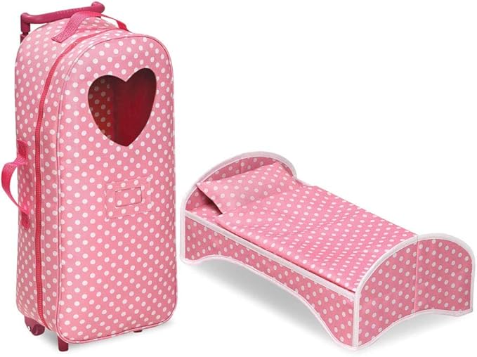 Badger Basket 3-in-1 Trolley Doll Carrier with Rocking Bed and Bedding – Adorable Pink Polka Dot Design for 18-Inch Dolls