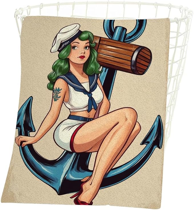 Vintage Pinup Sailor Girl Hand Towel Blue Anchor Face Towels Suit Travel Sports Pool Swimming Bath Camping Spa Gym Yoga,15x30 Inch