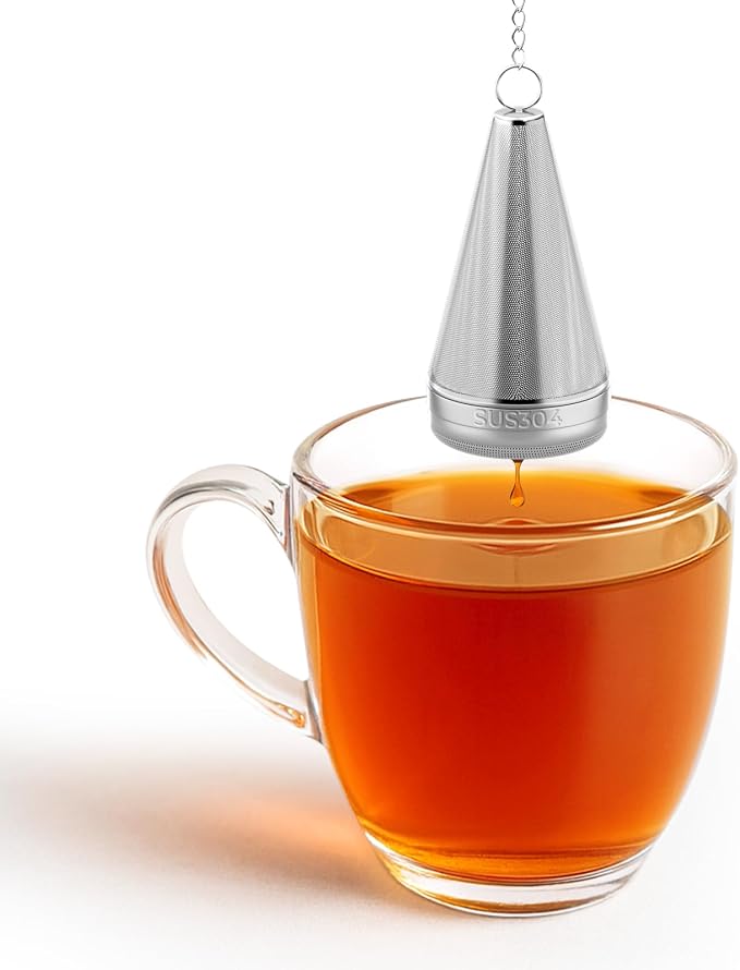 2 Pack Cone Tea Infusers for Loose Leaf Tea, 304 Stainless Steel Tea Strainer Fine Mesh, 1.8” x 3” Loose Leaf Tea Steeper with a Drip Tray