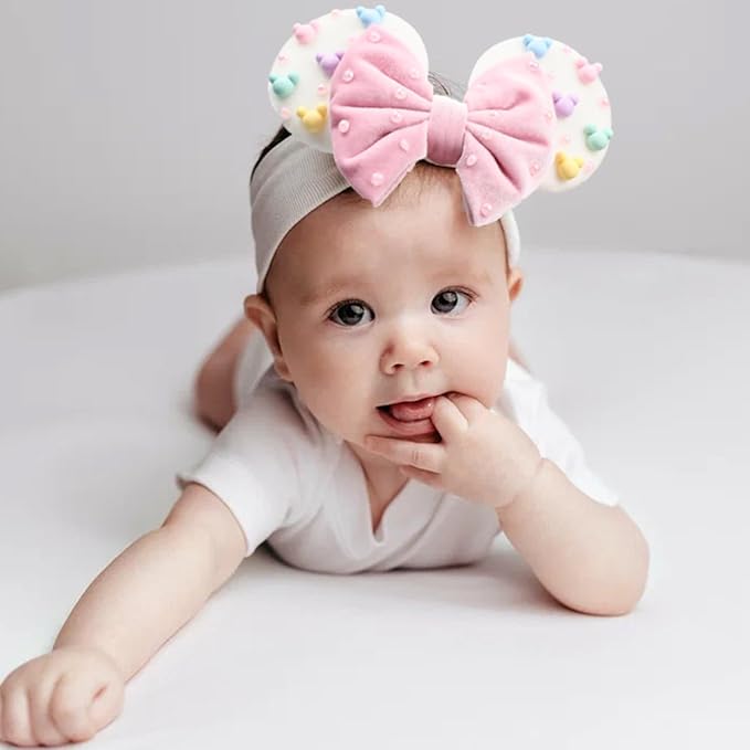 JIAHANG Baby Girl Velvet Mouse Ears Turban Headwrap with Beadings, Velvet Hair Bow Headband for Infant Toddlers Kids