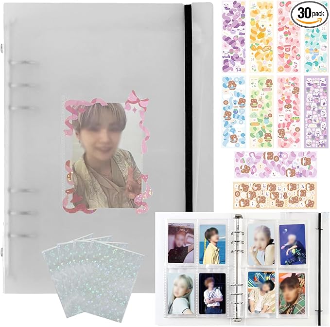 Kpop Photocard Binder Album with 25 Inner Pages, 50 Pcs Holographic Photocard Sleeves, 10 Sheets Cute Korean Stickers, A5 Size, Transparent