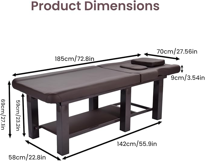 Professional Stationary Massage Table with Backrest, Adjustable Thick Foam Spa Massage Beds,Metal Frame PU Leather 27.55'' Wide 72.83'' Long Heavy Duty Bed for Massages, Hairdressing, Spas(Brown)
