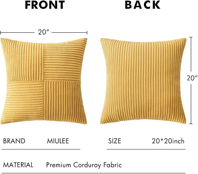 MIULEE Golden Mustard Decorative Throw Pillow Covers for Couch 20x20 Inch | 2 Pack, Boho Farmhouse Pillow Covers, Soft Cross Corduroy Patchwork Textured Cushion Cases For Bed Sofa