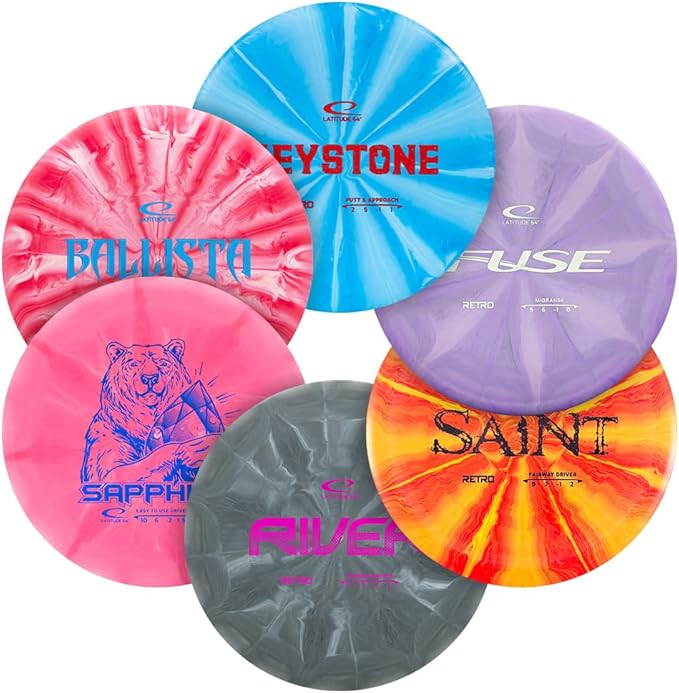 Latitude 64 Retro Burst Disc Golf Disc Set (6-Pack) - Perfect for New to Intermediate Players | Includes Keystone, Fuse, River, Saint, Sapphire, Ballista | Grippy Base Plastic | Colors May Vary